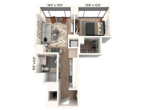 Floor plan for 1 bed, 1 bath, 634 sqft